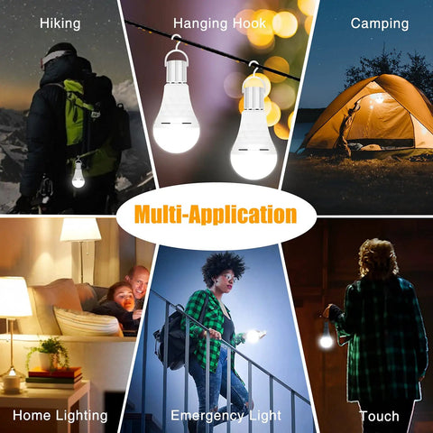 Image showing multiple uses of Go-To Rechargeable A19 LED Bulbs With 12W Power Backup for home lighting, camping, hiking, emergencies.