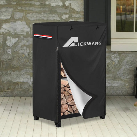 Heavy-Duty 600D Waterproof Firewood Rack Cover For 2-Tier Racks Up To 17 Inches Wide, black with front zipper, outdoor setting