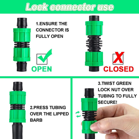Hotop 12-piece drip irrigation coupling; 5/8 inch universal connector for 16–17 mm tubing, green/black fittings.
