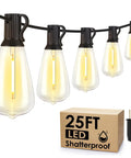 25 Ft Outdoor String Lights For Patio And Garden, Dimmable, Weatherproof And Shatterproof ST38 Edison Bulbs, 2700K Warm Glow