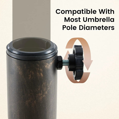 Close-up of securing knob on Beefy 22 Pound Heavy Duty Outdoor Umbrella Base With Weather Resistant Resin, Rust Proof Coating And Bronze Finish