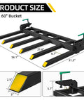 Diagram of Heavy Duty Clamp On Debris Forks For 60 Inch Buckets, showing dimensions and steel build, fits loader and skid steer.
