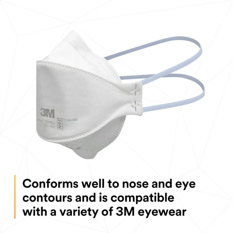 N95 Disposable Respirator 440 Pack, Individually Wrapped, 3 Panel Flat Fold Design, Side View with Ear Straps Visible