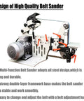 Pro Level Heavy Duty Belt Sander And Knife Grinder With Variable Speed Control, steel construction and belt adjustment handle.