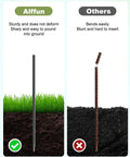 Comparison of heavy duty 12 inch rebar stakes; durable metal stake versus easily bent competitor in soil.