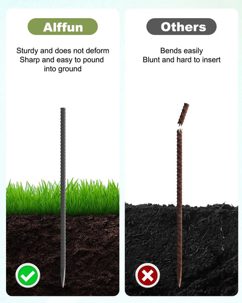 Comparison of heavy duty 12 inch rebar stakes; durable metal stake versus easily bent competitor in soil.