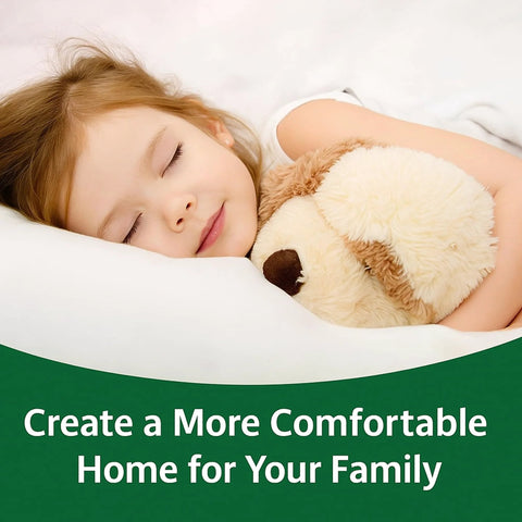 Child sleeping with a plush teddy bear on white bedding, green curved banner at bottom.