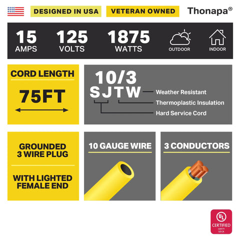 Specifications for Built Tough 75 Foot 10 Gauge Outdoor Extension Cord With Lighted 3 Prong Plug 15 Amp SJTW Wire