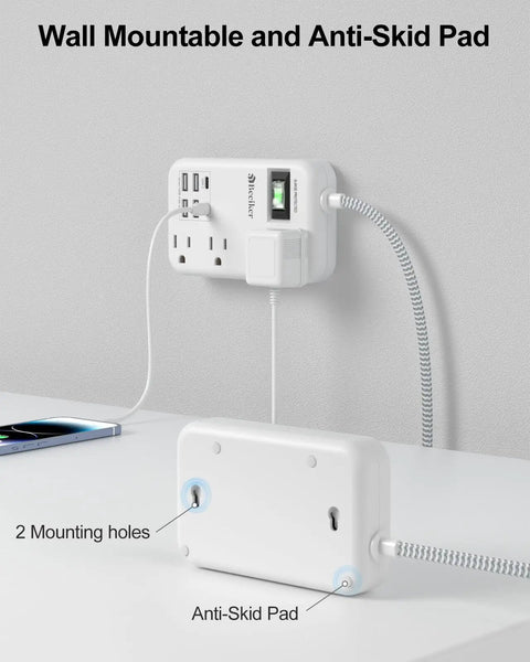6 USB Travel Power Strip Surge Protector 4 AC Outlets 5 Ft Extension Cord mounted on wall with anti-skid pad.