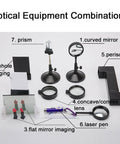 Optical equipment set includes a prism, mirrors, lenses, and a laser pen from the Solid Gear 86 Piece High School Physics Lab Kit Bundle.