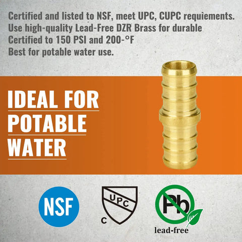 12 Pack 1/2 Inch PEX Couplings No Lead Brass Fittings NSF UPC Certified Crimp Connectors against certification icons