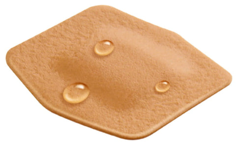 Waterproof Cushioned Foam Bandage with water droplets showing water-resistant seal for cuts, scrapes, and blisters.