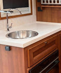 Stainless Steel Bar Sink 17x19x10 Undermount, 16 Gauge RV And Outdoor Wet Bar Sink in compact kitchen with wooden cabinetry