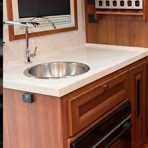 Stainless Steel Bar Sink 17x19x10 Undermount, 16 Gauge RV And Outdoor Wet Bar Sink in compact kitchen with wooden cabinetry