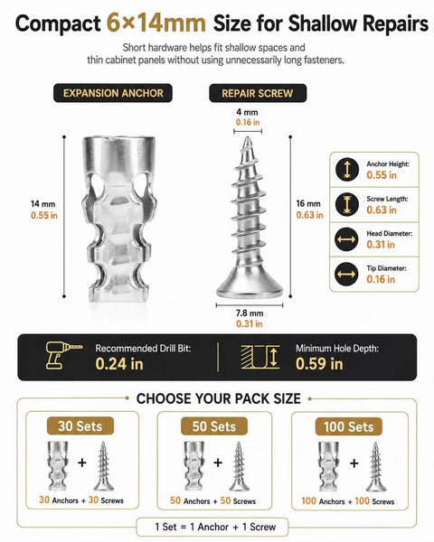 Fix Wobbly Cabinet Doors Fast With These 6x14mm Metal Expansion Screw Shrink Kit For Saggy Hinges Heavy Duty Thread Repair Tool That Stops Stripped Hardware And Locks Things Tight No Glue Needed. 6x14mm metal expansion anchor and screw kit for cabinet hinge repair