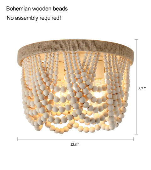 Boho Chic Wood Beaded Flush Mount Light Fixture, Rustic Farmhouse Three Light Chandelier for Bedroom, Hallway, Entry, Kitchen, Living Room, Nursery, E26 Sockets, Natural Hemp Rope Trim
