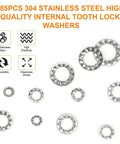 Illustration of 485-piece 304 stainless Internal Tooth Star Lock Washers Kit in assorted sizes M2.5 to M12 for anti-loose fastening.