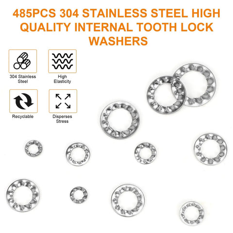 Illustration of 485-piece 304 stainless Internal Tooth Star Lock Washers Kit in assorted sizes M2.5 to M12 for anti-loose fastening.