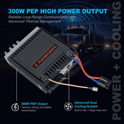 Beefy 10 Meter Ham Radio Transmitter With 300W PEP Output, Built In Cooling Fan And Mega Heat Sink in front of a truck.