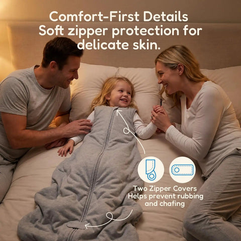 Toddler in Toddler Sleep Sack 1.0 TOG For 2T 3T 4T, Soft Wearable Blanket Baby Sleep Bag With Two Way Zippers, parents smiling nearby