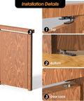 Installation details for Hidden Door Hinge Pivot Kit For Secret Doors And Bookcases Heavy Duty 570 Lbs Load Bearing 360 Degree Rotation Invisible Hinge Hardware Durable Concealed Door Kit For Secret Entrances showing top, bottom, and door lock positions on wood panel.