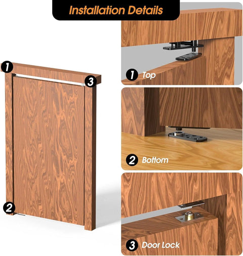 Installation details for Hidden Door Hinge Pivot Kit For Secret Doors And Bookcases Heavy Duty 570 Lbs Load Bearing 360 Degree Rotation Invisible Hinge Hardware Durable Concealed Door Kit For Secret Entrances showing top, bottom, and door lock positions on wood panel.