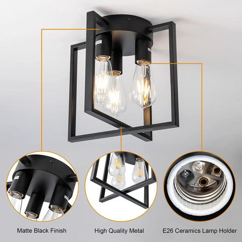 Three Light Black Ceiling Light Fixture, Farmhouse Industrial Matte Black Finish, Durable Rust Proof Metal, Open Frame Design For Kitchen, Hallway, Bedroom, And Bathroom, Bulbs Not Included