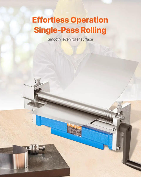 Beefy Slip Roll Metal Forming Machine 12.6 Inch With Detachable Rollers shown forming metal sheet on workbench