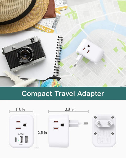 6 In 1 European Travel Plug Adapter With 3 US Outlets And 2 USB A Ports Plus 1 USB C displayed with travel items