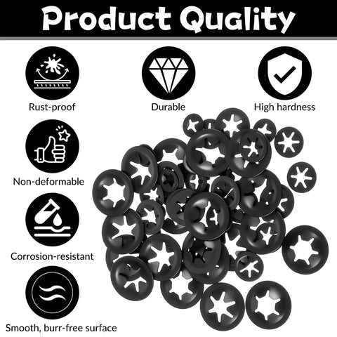 Internal Tooth Star Lock Washers 50 Pcs Set In 5 Sizes With Push On Speed Clips Built To Last Carbon Steel With Black Anodized Finish For Strong Spring Tension And Secure Fastening, black washers close-up