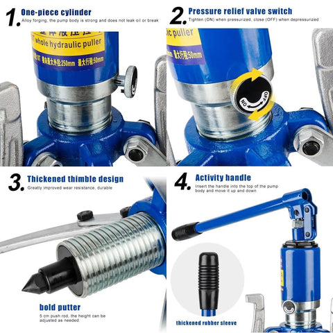 Hydraulic Gear Puller Kit 15 Ton Max Hub Separator Tool For 2 Or 3 Jaws Setup showing pump cylinder, valve switch, handle and threaded rod