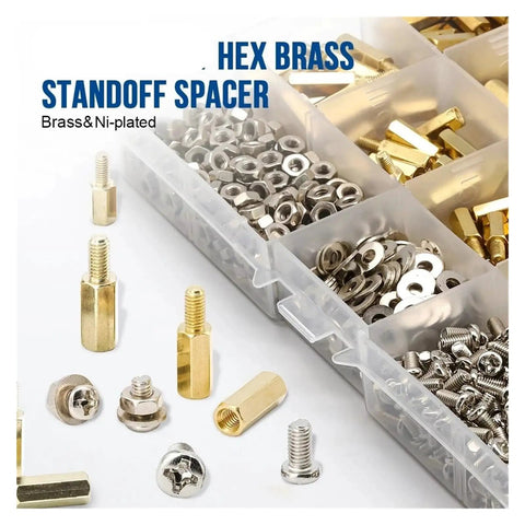 Massive 910 Piece M3 Brass Hex Standoff Spacer Kit With Male And Female Spacers Nuts Washers Screws For Electronics Projects And Pro Builds For Makers And Hobbyists, organized tray