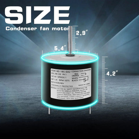 Pro Grade One Quarter HP Condenser Fan Motor Replacement for 208 to 230 Volt AC Units, size measurements displayed
