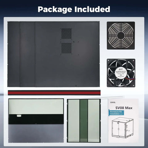 Package contents for Metal And Tempered Glass Open Enclosure With Drag Chain And Filter Fan For SV08 Max 3D Printer Stable Temperature