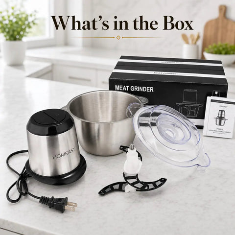 Homeasy Electric Food Chopper Is Here To Spice Up Your Kitchen Game With Its Awesome 2L Stainless Steel Meat Grinder components laid out on a countertop.