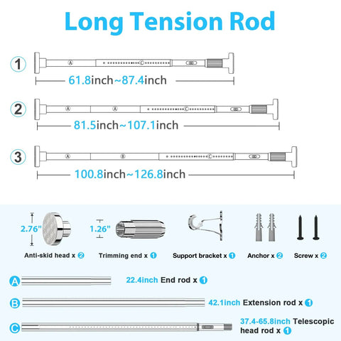Diagram showing Heavy Duty No Drilling Shower Curtain Rod for Windows or Patio, extendable from 61.8 to 126.8 inches.