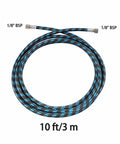 10 Foot Nylon Braided Airbrush Hose With 1/8 Inch Ends displayed coiled with 1/8 BSP fittings, for airbrush paint kits.