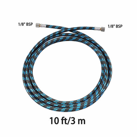 10 Foot Nylon Braided Airbrush Hose With 1/8 Inch Ends displayed coiled with 1/8 BSP fittings, for airbrush paint kits.