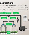 Schematic of All In One Professional Drip Irrigation Kit With Pump, Timer, Regulator, 15W, 8 Drip Emitters; includes dimensions and specs.