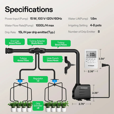 Schematic of All In One Professional Drip Irrigation Kit With Pump, Timer, Regulator, 15W, 8 Drip Emitters; includes dimensions and specs.