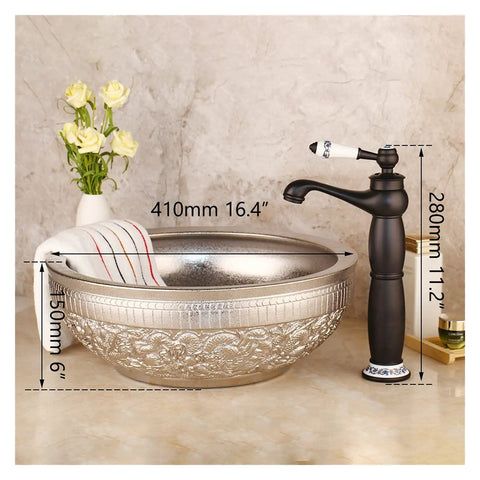 USZWBY Bathroom Vessel Sink Silver Bathroom Bowl Ceramic Vessel Sink Basin ?Hand Painting ?Art Basin Round Bowl with faucet.