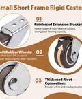1.5 Inch Small Caster Wheels Two Pack, Heavy Duty Non Swivel Rigid Casters With 180 Lb Load Capacity, Rubber Replacement Wheels