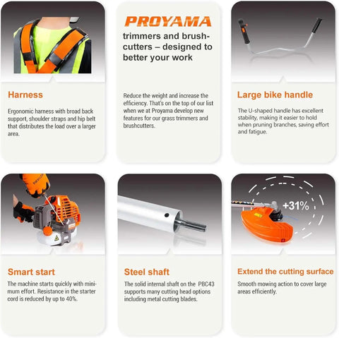 Image of Heavy Duty Gas Weed Eater 3 In 1 Trimmer Brush Cutter features like harness, handle, smart start, steel shaft, and cutting surface.