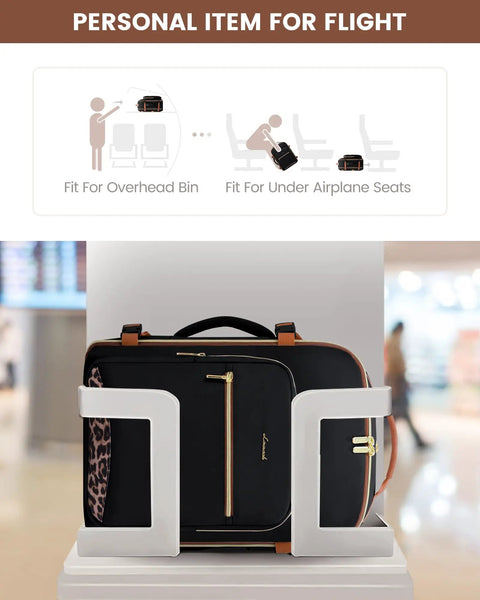 40L Go-To Travel Backpack For Women And Men, Airline Approved Carry-On, fits in overhead bin, with leopard print accent, shown at airport.