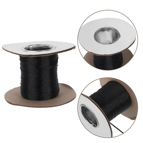 Flame Retardant Braided Cable Sleeve Expandable Mesh Wire Loom Cord Protector on spool, black color, flexible wire organizer.