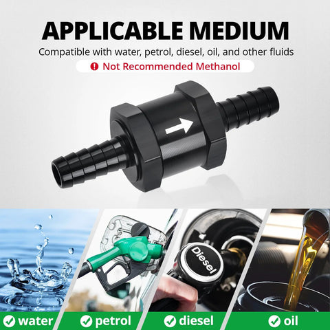 EVIL ENERGY inline fuel check valve, 3/8-inch (10mm) OD, black, 2-pack for diesel and gasoline lines.