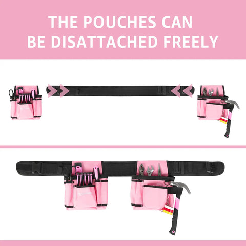 Adjustable Tool Belt With 2 Large Pouches, 10 Small Pockets And Hammer Loop, Waist Strap Fits 22 To 44 Inches, pink detachable pouches