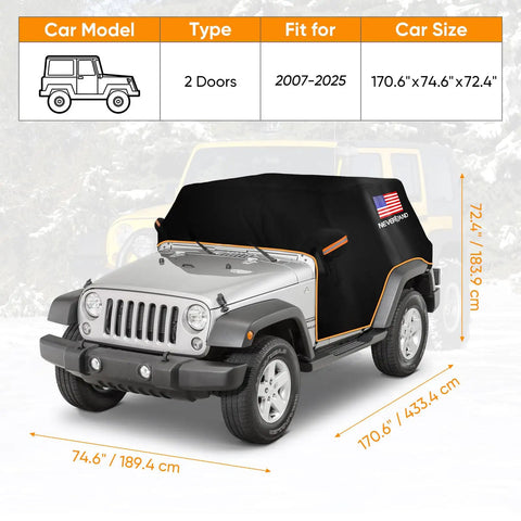 Jeep 2 Door Cab Cover For 2007 2025 Waterproof Oxford Car Cover With Reflective Strip on Wrangler 2-door in snow.