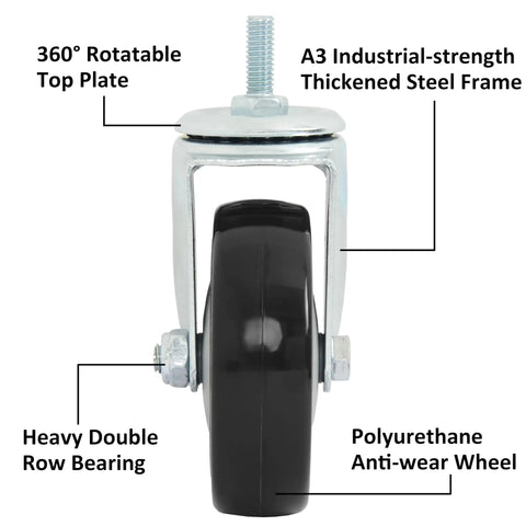 Heavy Duty 4 Inch Swivel Caster Wheels 4 Pack With Reinforced Steel Axles And Silent Polyurethane Treads showing 360° top plate and black wheel.