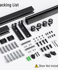 Packing list of 8Ft Ceiling Mount Box Rail Barn Door Hardware Kit With Heavy Duty Aluminum Sliding Track And Matte Black Finish.